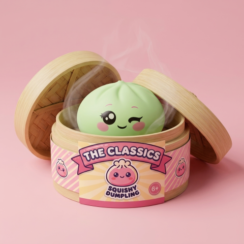 Dumpling Squishy Zielona Pistacja Przymrużone Oko w bambusowym koszyku