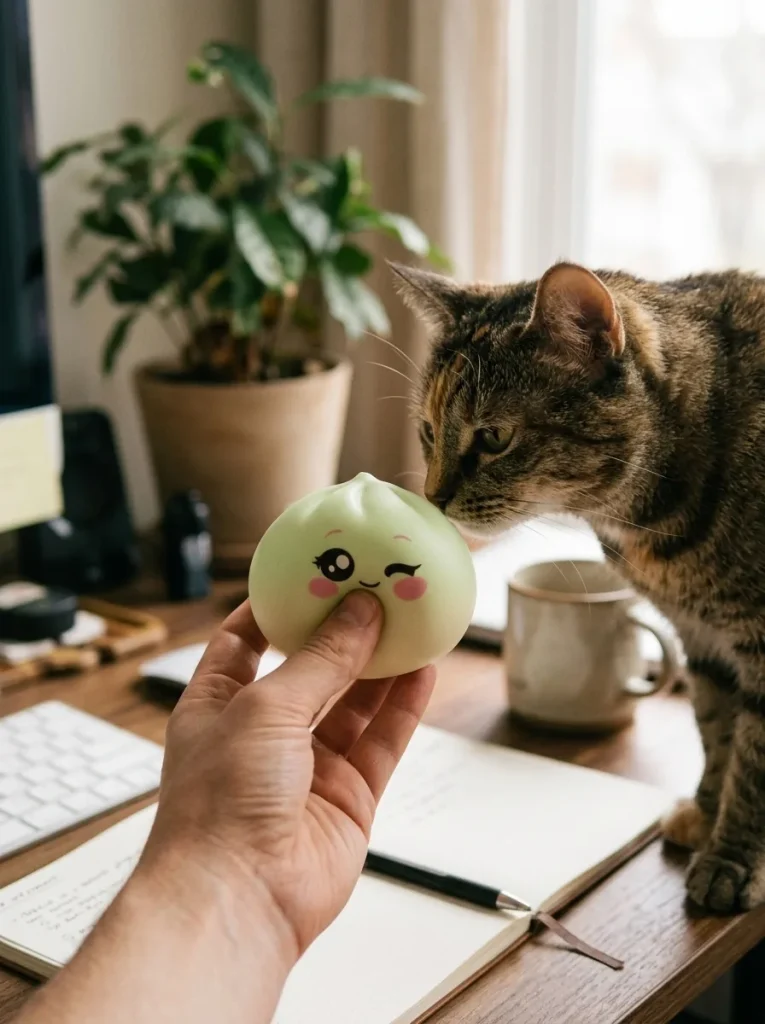 Dumpling Squishy Zielona Pistacja Przymrużone Oko z pluszakiem