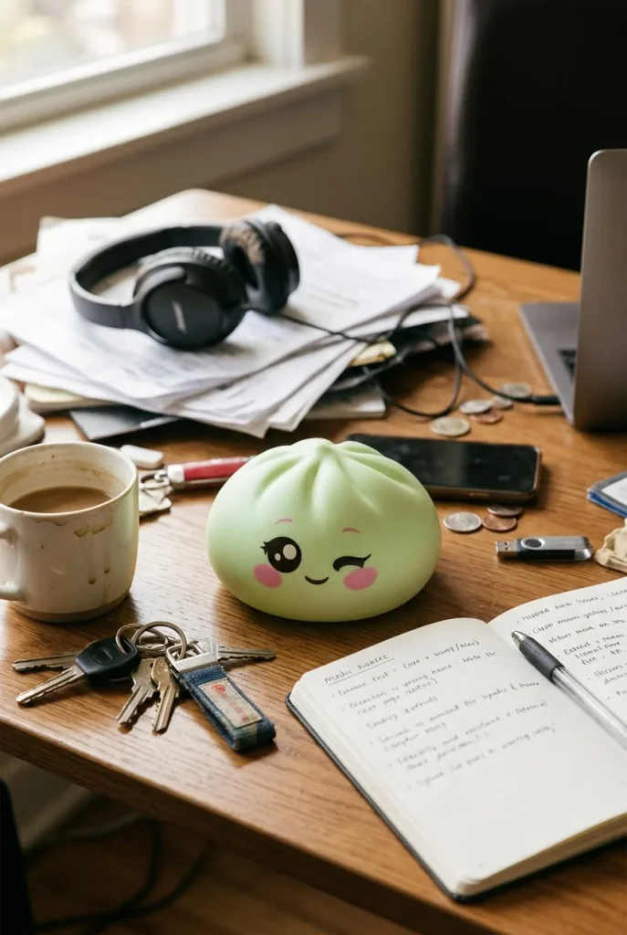 Dumpling Squishy Zielona Pistacja Przymrużone Oko na biurku
