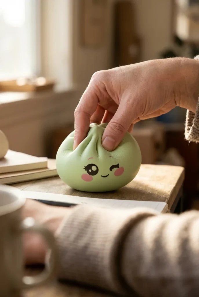 Dumpling Squishy Zielona Pistacja Przymrużone Oko podczas ściskania