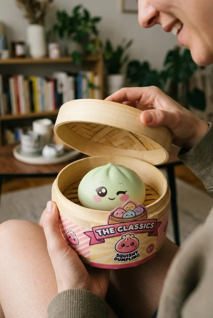 Dumpling Squishy Zielona Pistacja Przymrużone Oko podczas rozpakowywania