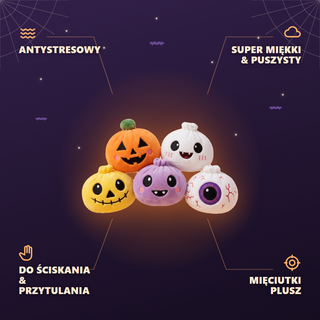 Squishy Dumpling Halloween Zestaw 5 szt. infografika: najważniejsze zalety