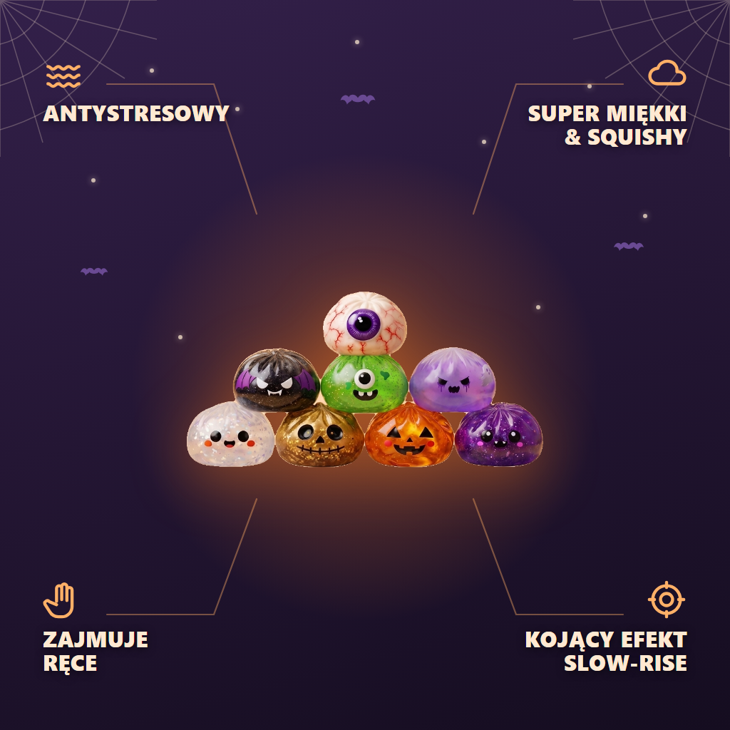 Squishy Dumpling Halloween XXL Zestaw 8 szt infografika: najważniejsze zalety
