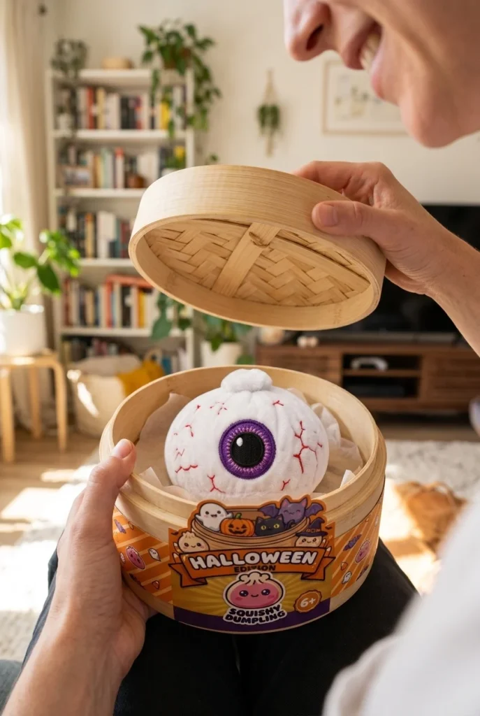 Squishy Dumpling Halloween Oko Fioletowe podczas rozpakowywania