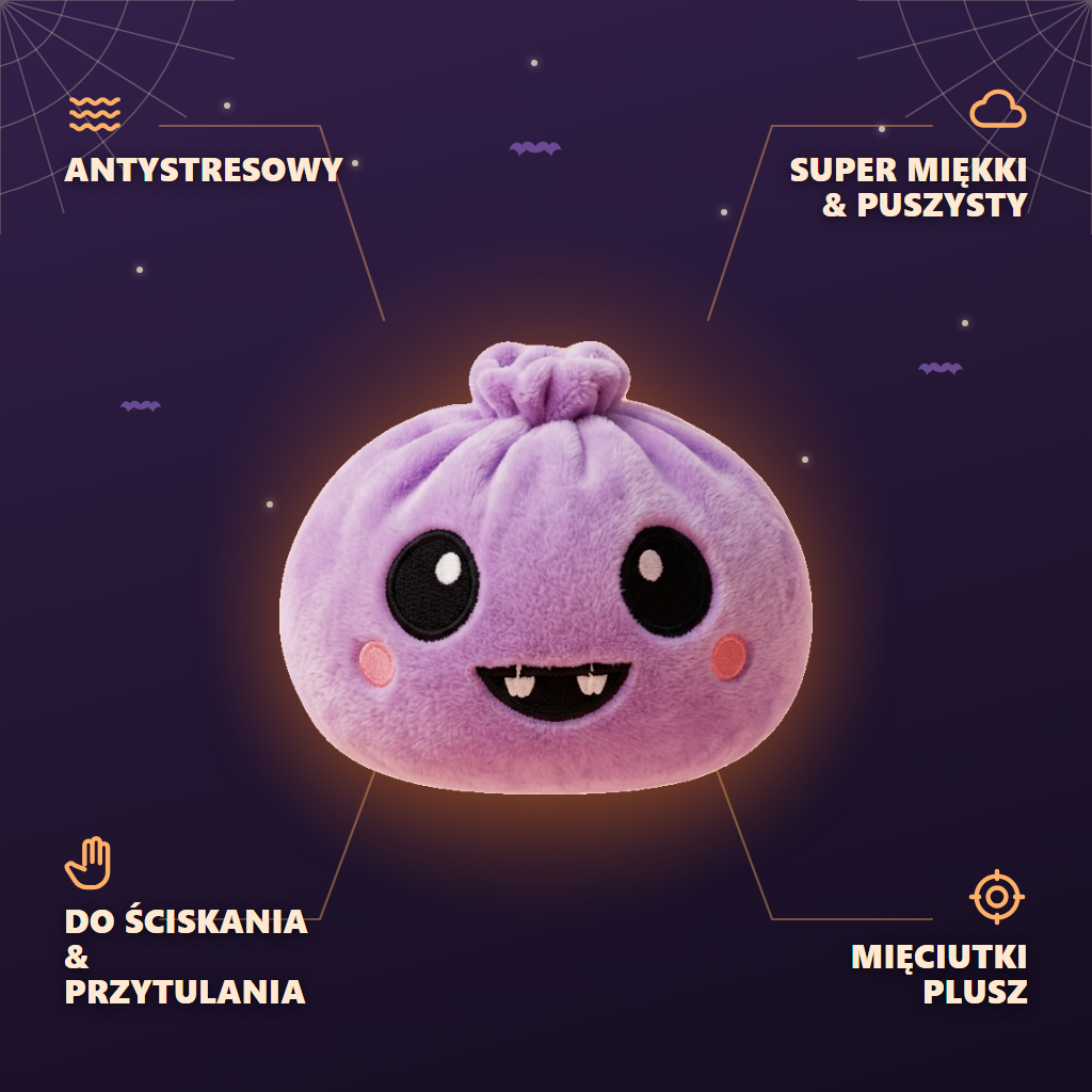 Squishy Dumpling Vampire Halloween Aksamitny Fiolet infografika: najważniejsze zalety