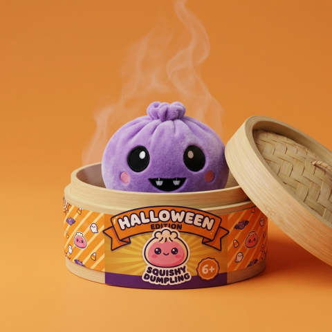 Squishy Dumpling Vampire Halloween Aksamitny Fiolet w bambusowym koszyku