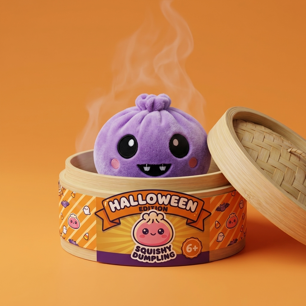 Squishy Dumpling Vampire Halloween Aksamitny Fiolet w bambusowym koszyku
