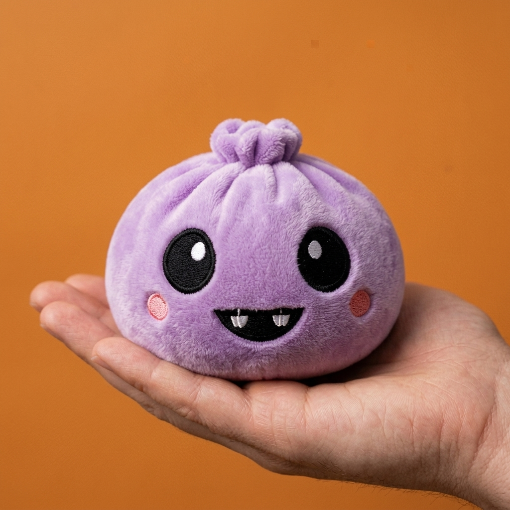 Squishy Dumpling Vampire Halloween Aksamitny Fiolet w dłoni — porównanie rozmiaru