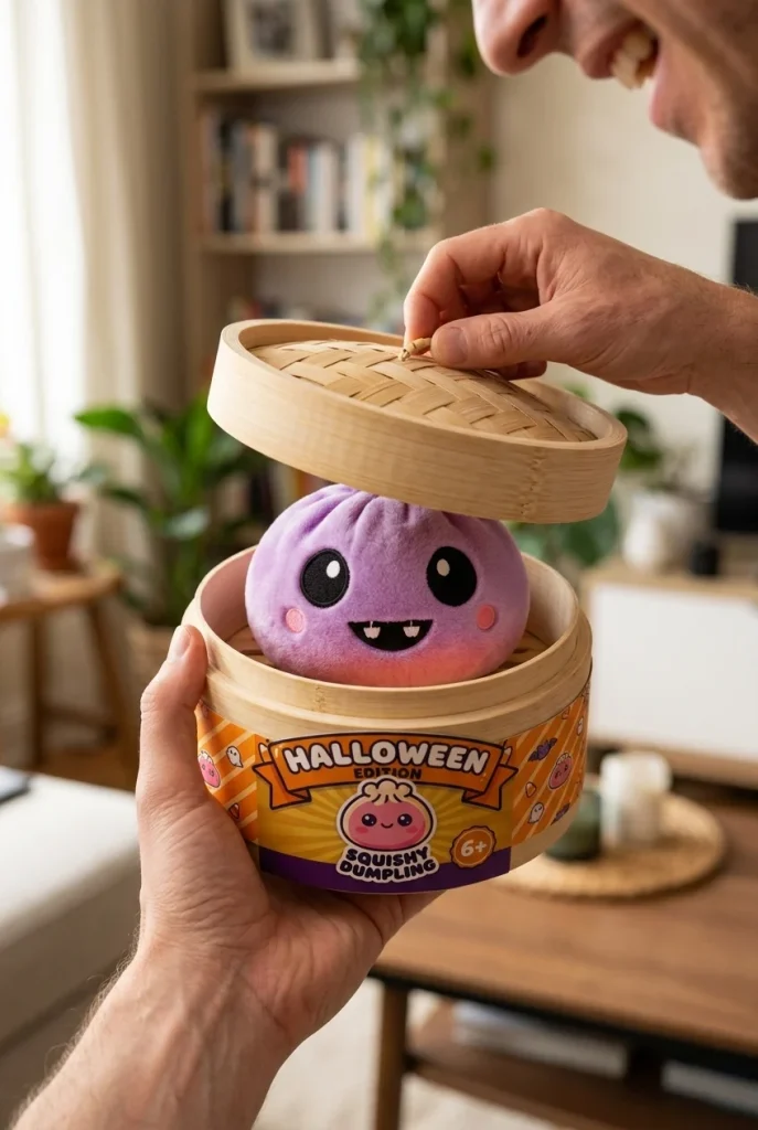 Squishy Dumpling Vampire Halloween Aksamitny Fiolet podczas rozpakowywania