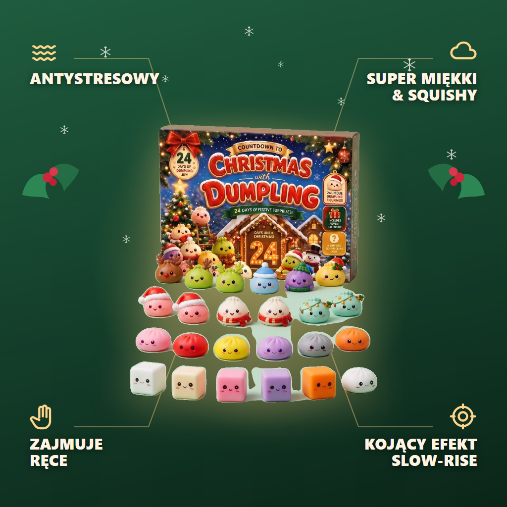Kalendarz Adwentowy Squishy Dumpling Mochi Piernik 24 szt infografika: najważniejsze zalety