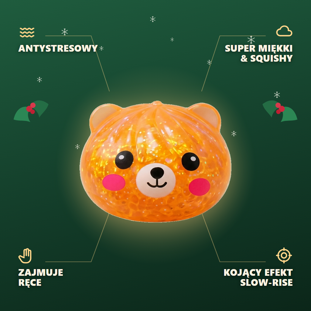 Dumpling Squishy Mystery Glitter Miś infografika: najważniejsze zalety