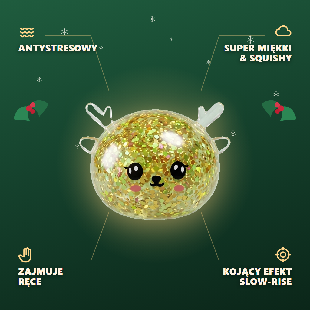 Squishy Dumpling Reindeer Mystery Brokat infografika: najważniejsze zalety