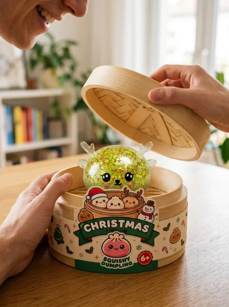 Squishy Dumpling Reindeer Mystery Brokat podczas rozpakowywania