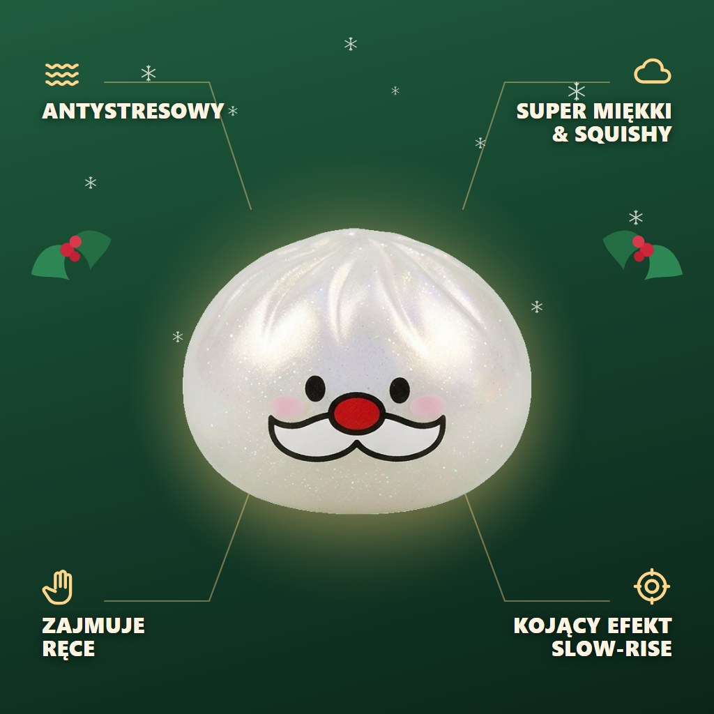 Squishy Dumpling Mystery Wąsy Mikołaja infografika: najważniejsze zalety