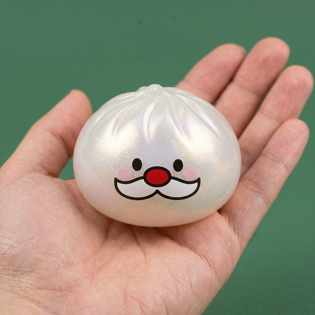 Squishy Dumpling Mystery Wąsy Mikołaja w dłoni — porównanie rozmiaru