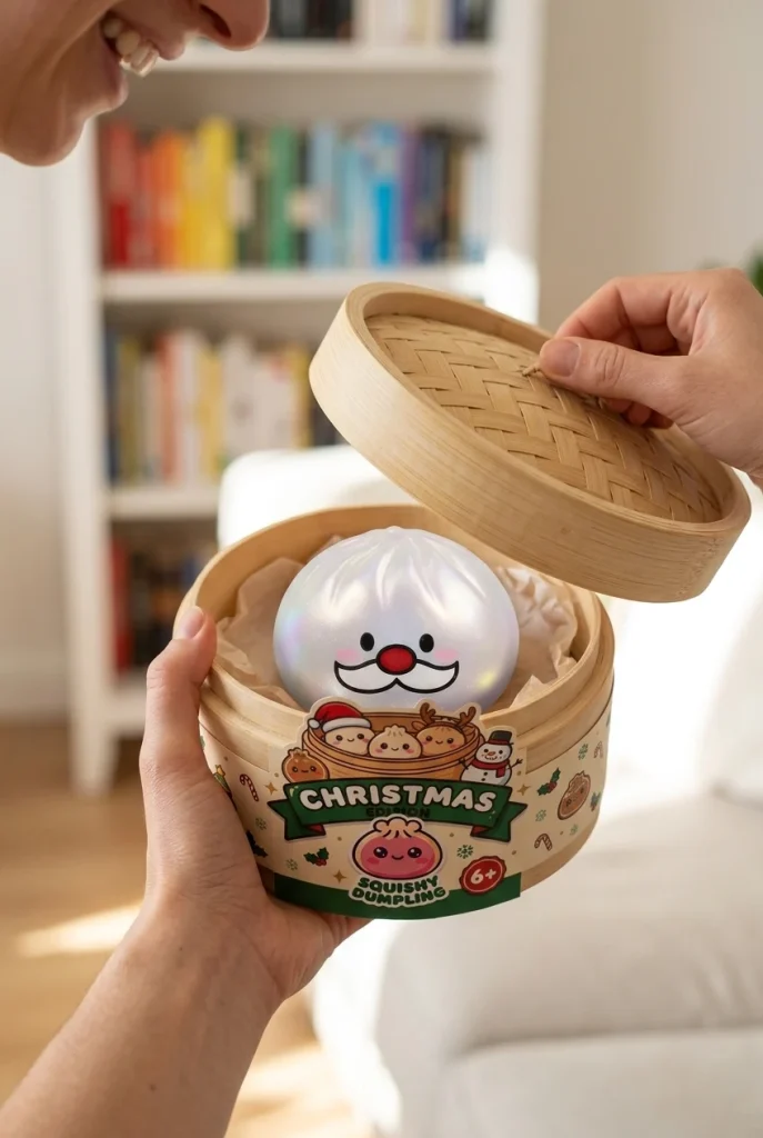Squishy Dumpling Mystery Wąsy Mikołaja podczas rozpakowywania