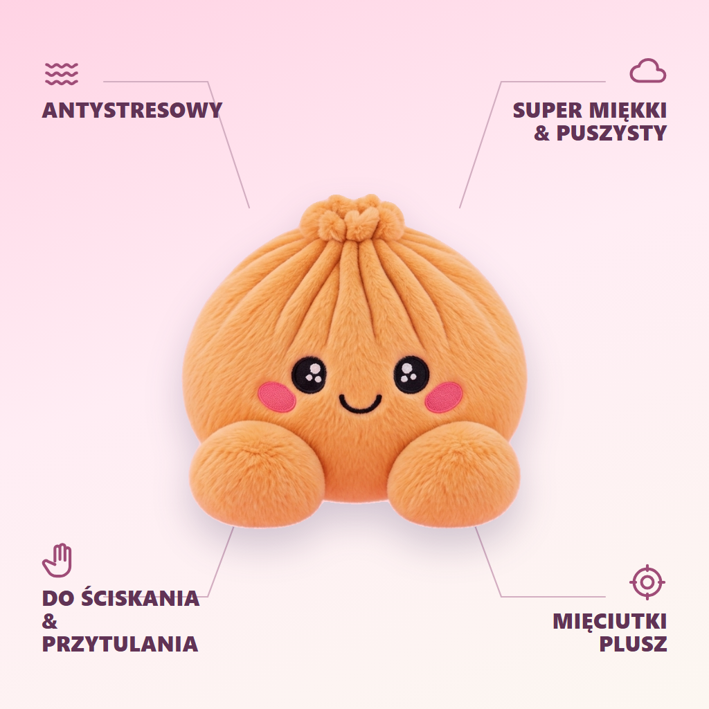 Squishy Dumpling Orange Mandarynkowy infografika: najważniejsze zalety