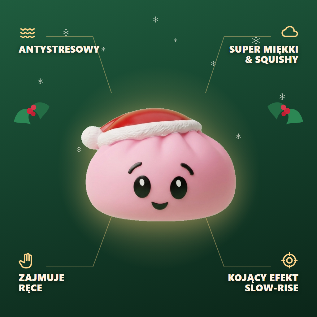 Dumpling Squishy Różowa Czapka Mikołaja infografika: najważniejsze zalety