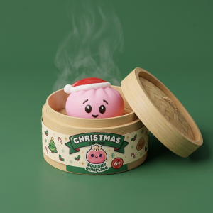 Dumpling Squishy Różowa Czapka Mikołaja w bambusowym koszyku
