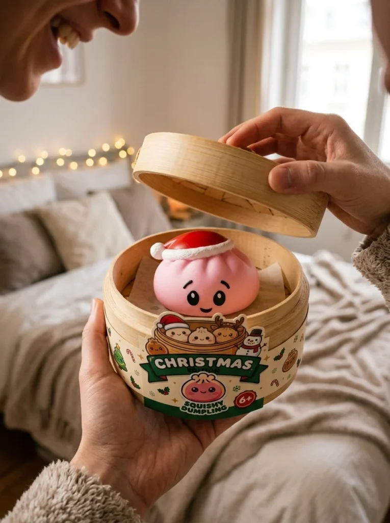 Dumpling Squishy Różowa Czapka Mikołaja podczas rozpakowywania