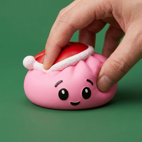 Dumpling Squishy Różowa Czapka Mikołaja efekt slow-rise w akcji