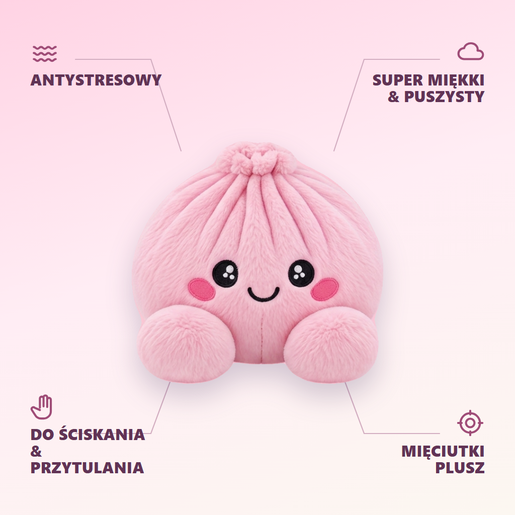 Dumpling Squishy Różowy Pluszak Piwonia infografika: najważniejsze zalety