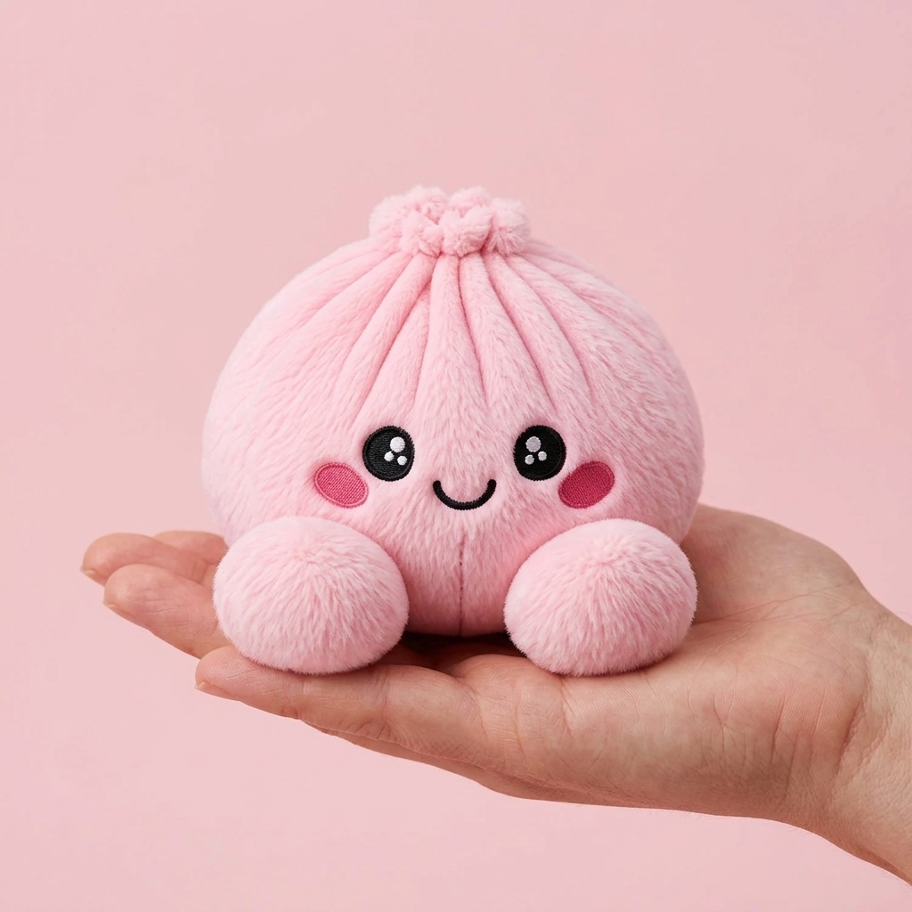Dumpling Squishy Różowy Pluszak Piwonia w dłoni — porównanie rozmiaru