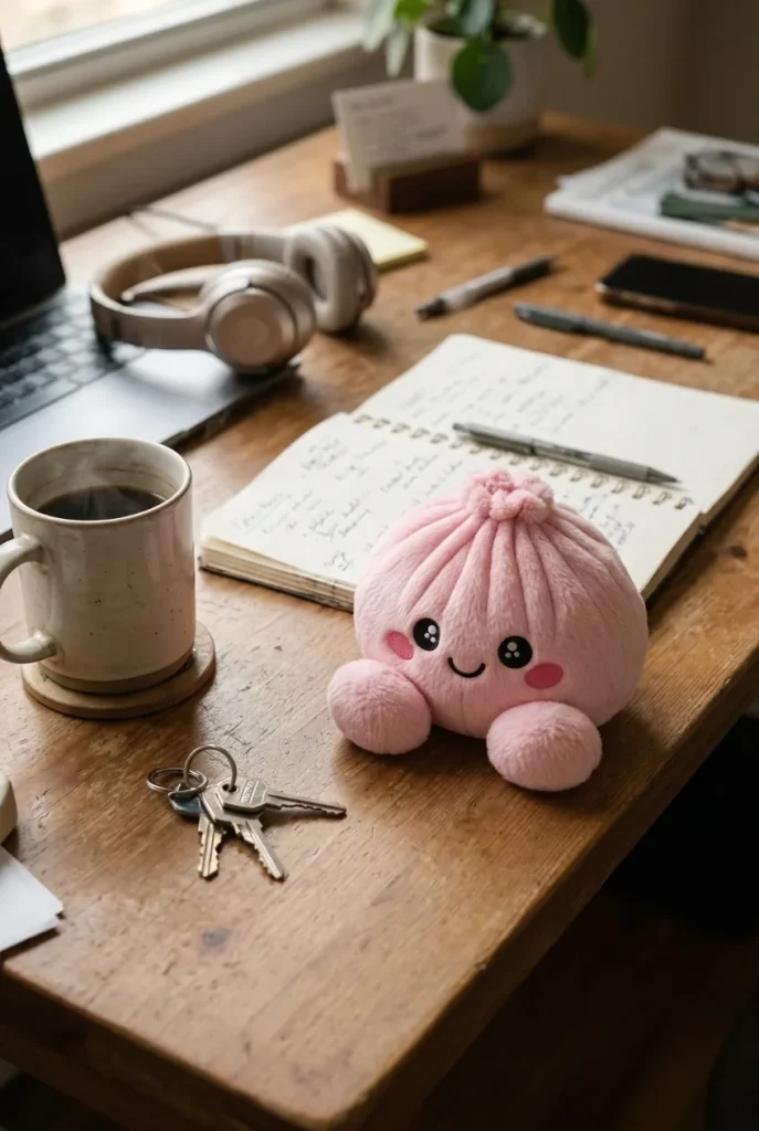 Dumpling Squishy Różowy Pluszak Piwonia na biurku