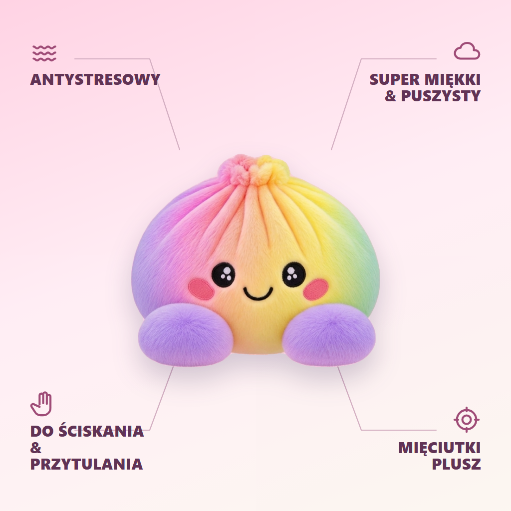 Squishy Dumpling Tęczowy Pastel infografika: najważniejsze zalety