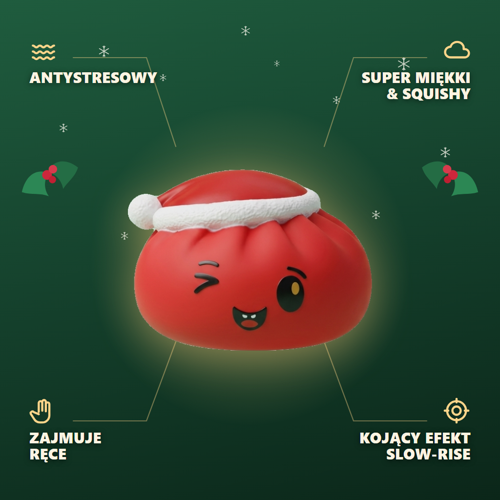 Dumpling Squishy Czerwona Czapka Mikołaja infografika: najważniejsze zalety