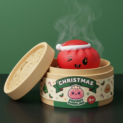 Dumpling Squishy Czerwona Czapka Mikołaja w bambusowym koszyku
