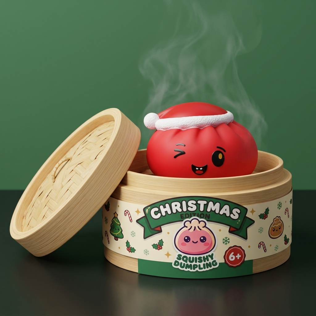 Dumpling Squishy Czerwona Czapka Mikołaja w bambusowym koszyku