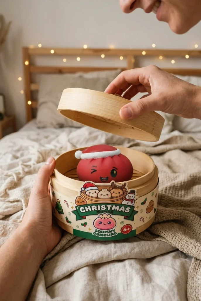 Dumpling Squishy Czerwona Czapka Mikołaja podczas rozpakowywania