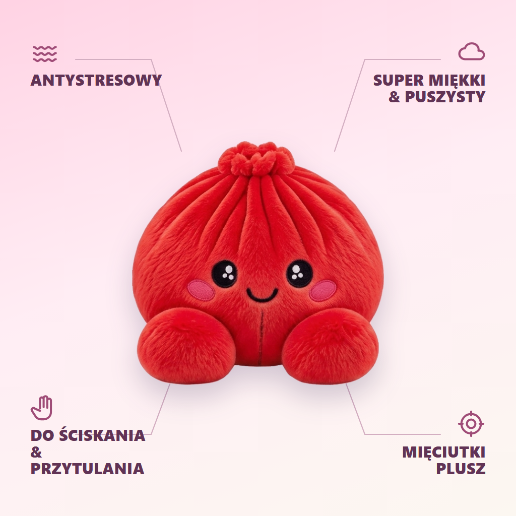Dumpling Squishy Rubinowa Czerwień Pluszak infografika: najważniejsze zalety