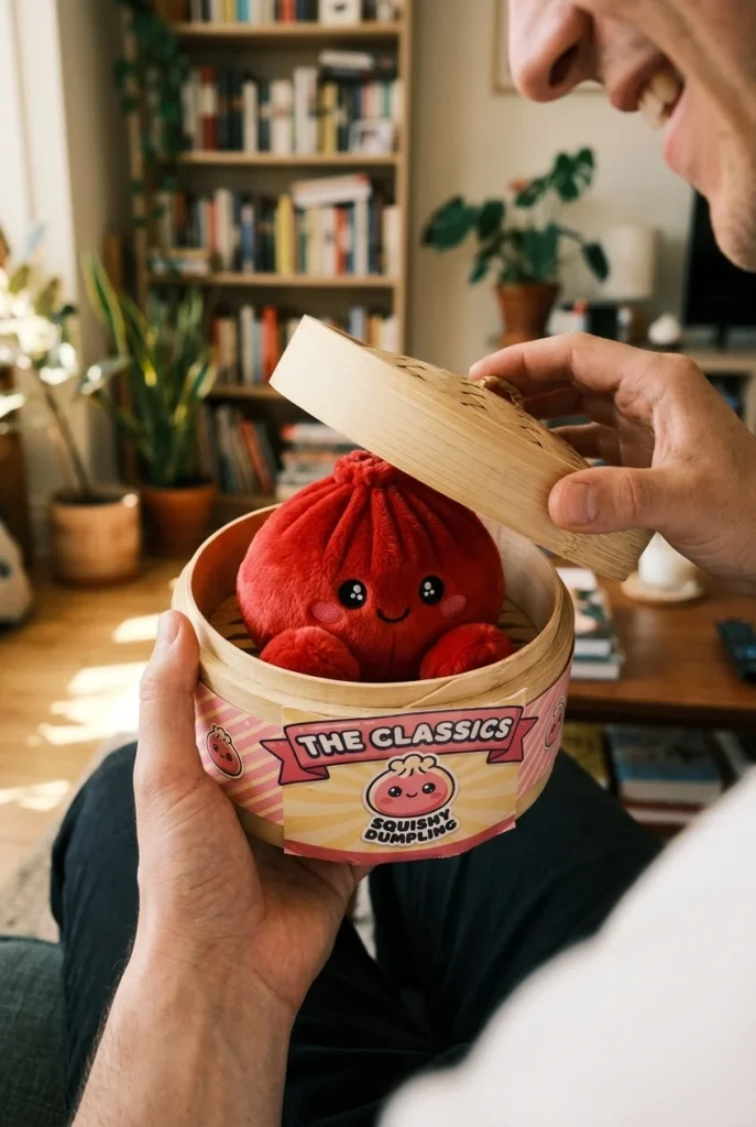 Dumpling Squishy Rubinowa Czerwień Pluszak podczas rozpakowywania