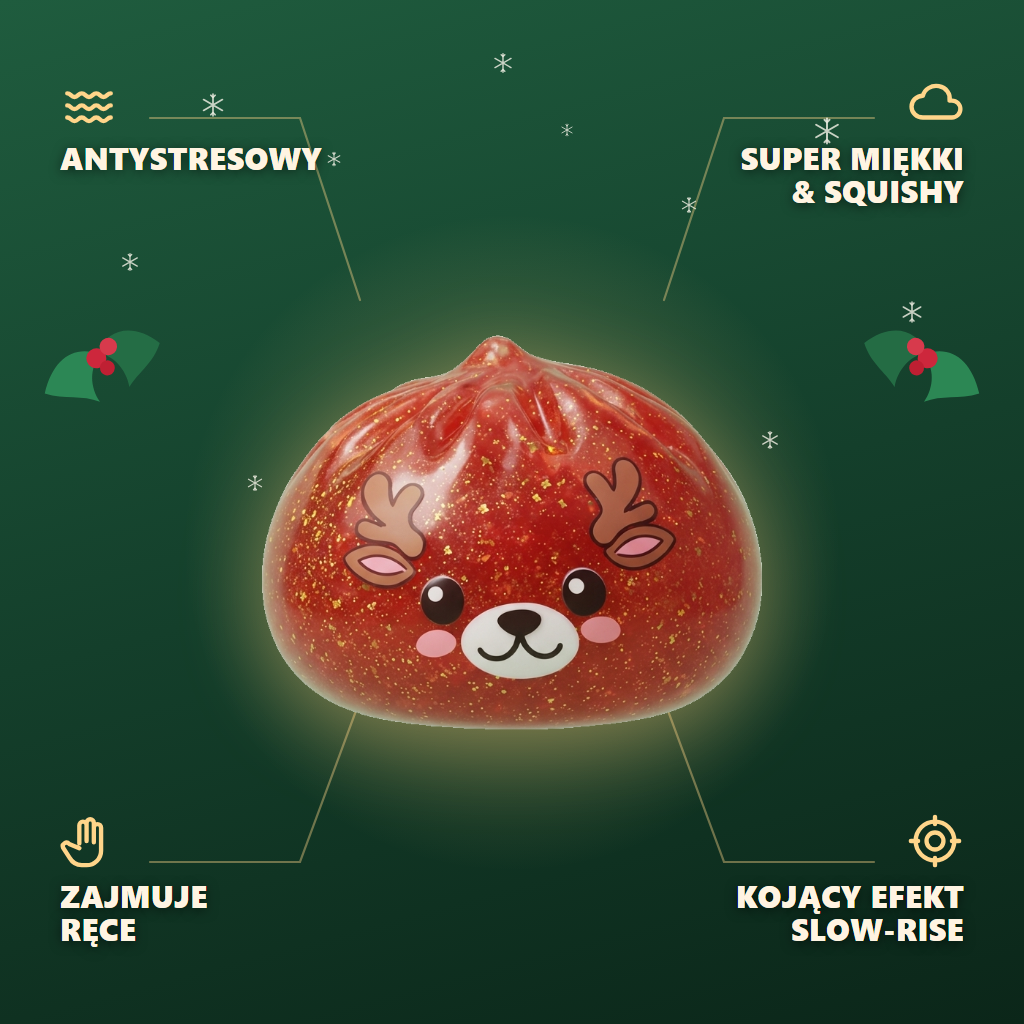 Squishy Dumpling Renifer Czerwony Glitter infografika: najważniejsze zalety