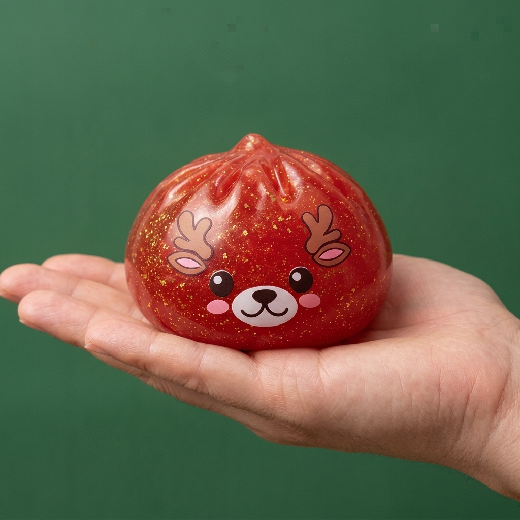 Squishy Dumpling Renifer Czerwony Glitter w dłoni — porównanie rozmiaru