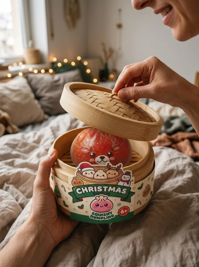 Squishy Dumpling Renifer Czerwony Glitter podczas rozpakowywania