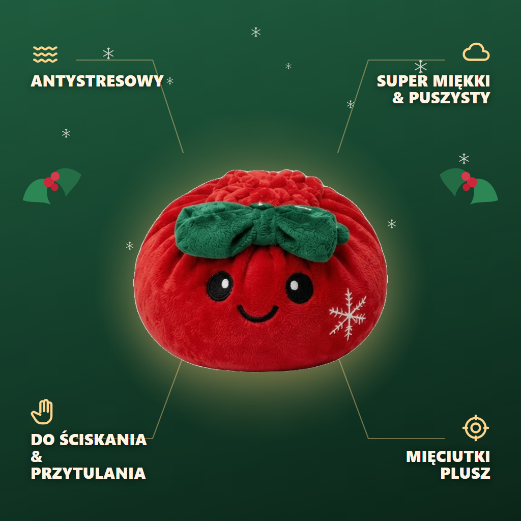 Dumpling Squishy Świąteczna Kokardka Czerwona infografika: najważniejsze zalety
