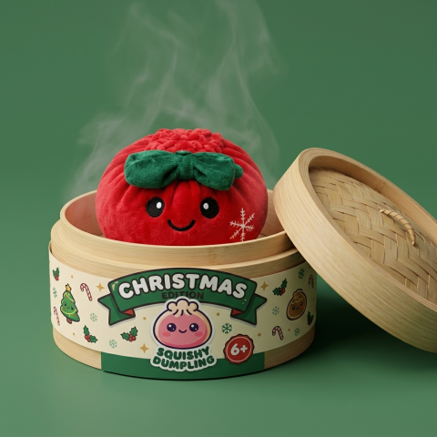 Dumpling Squishy Świąteczna Kokardka Czerwona w bambusowym koszyku