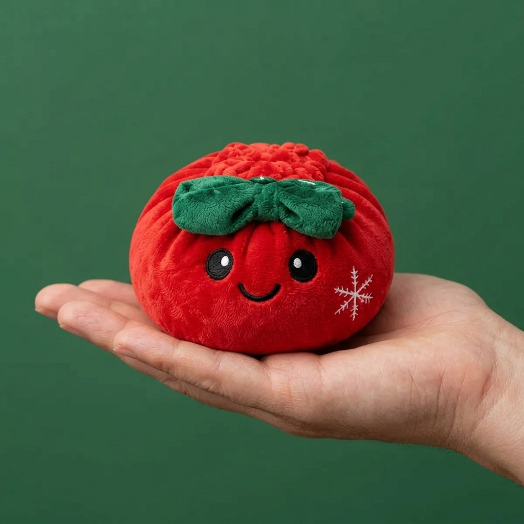 Dumpling Squishy Świąteczna Kokardka Czerwona w dłoni — porównanie rozmiaru