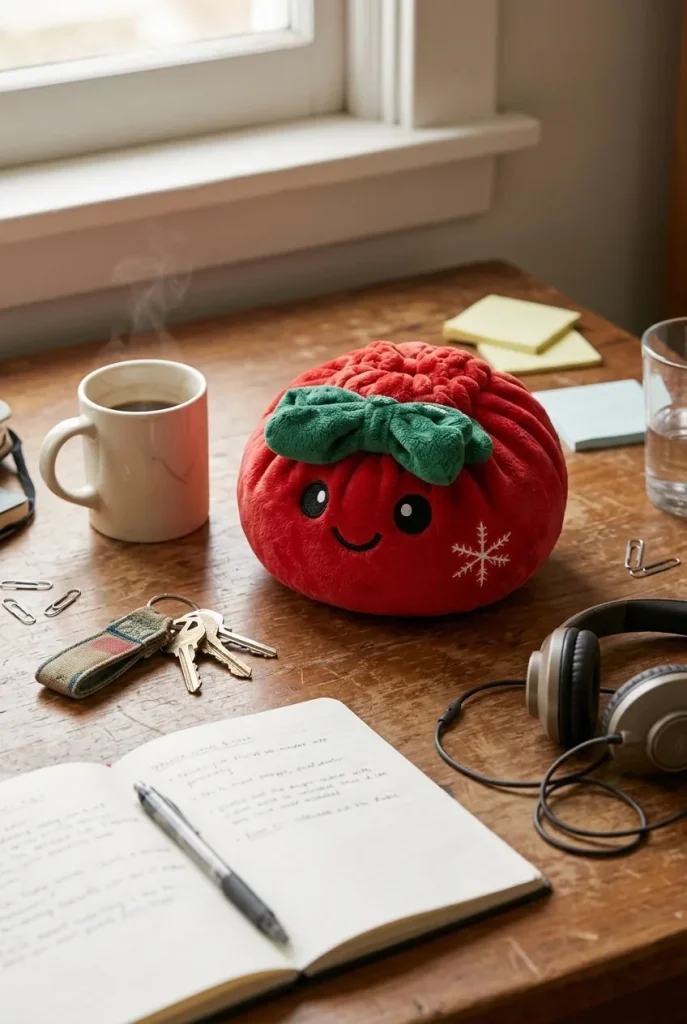 Dumpling Squishy Świąteczna Kokardka Czerwona na biurku