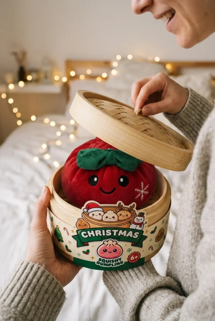 Dumpling Squishy Świąteczna Kokardka Czerwona podczas rozpakowywania