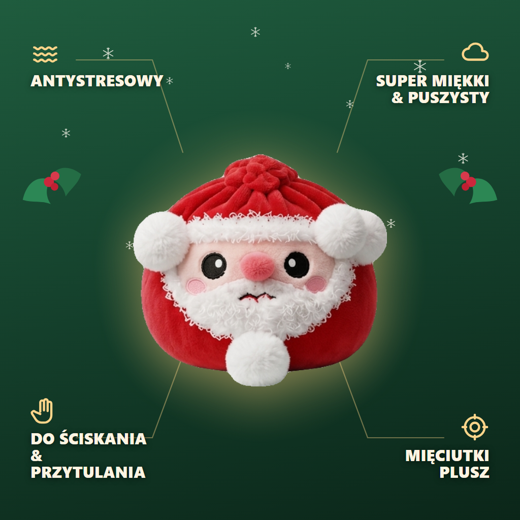 Squishy Dumpling Mikołaj Świąteczny Pluszak infografika: najważniejsze zalety