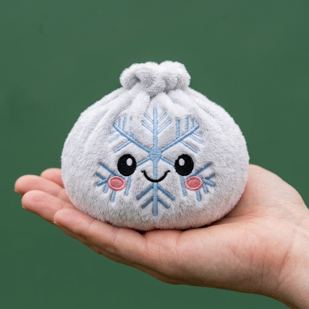 Dumpling Squishy Snowflake Zimowa w dłoni — porównanie rozmiaru