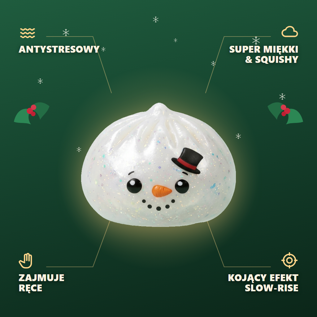 Dumpling Squishy Bałwan Glitter infografika: najważniejsze zalety