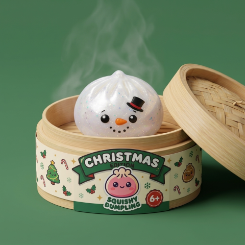Dumpling Squishy Bałwan Glitter w bambusowym koszyku