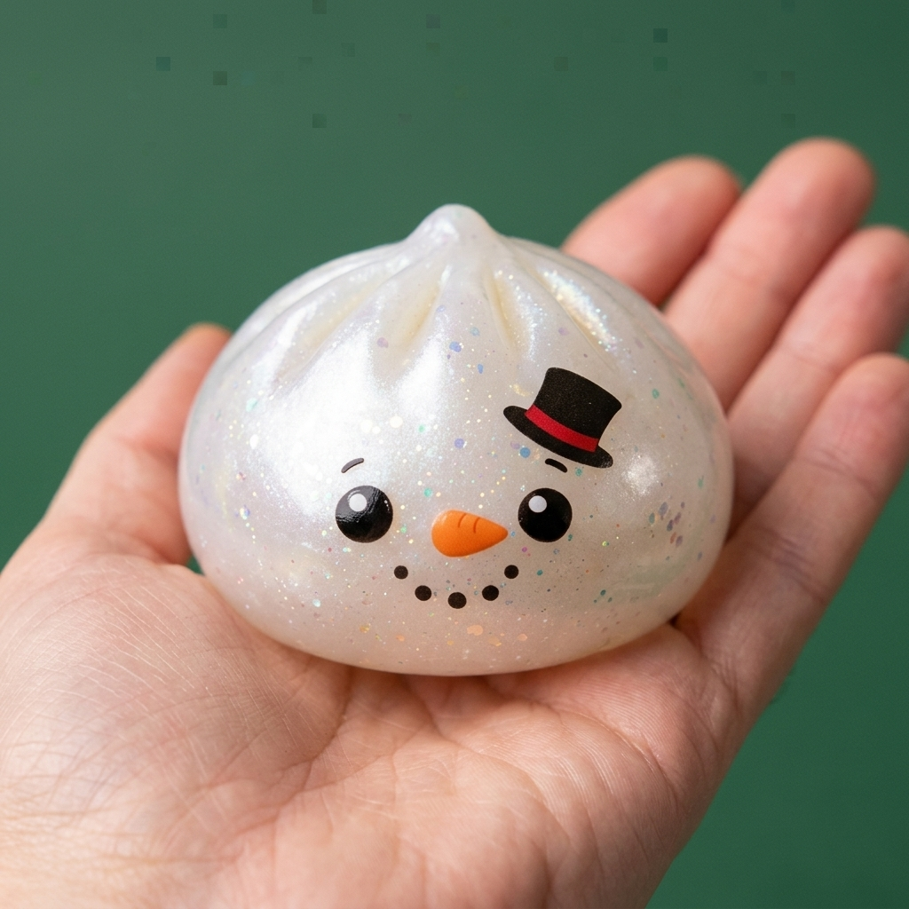 Dumpling Squishy Bałwan Glitter w dłoni — porównanie rozmiaru