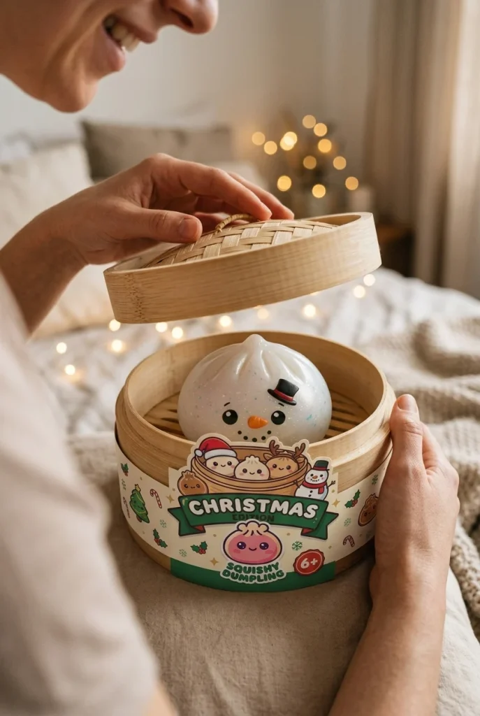 Dumpling Squishy Bałwan Glitter podczas rozpakowywania