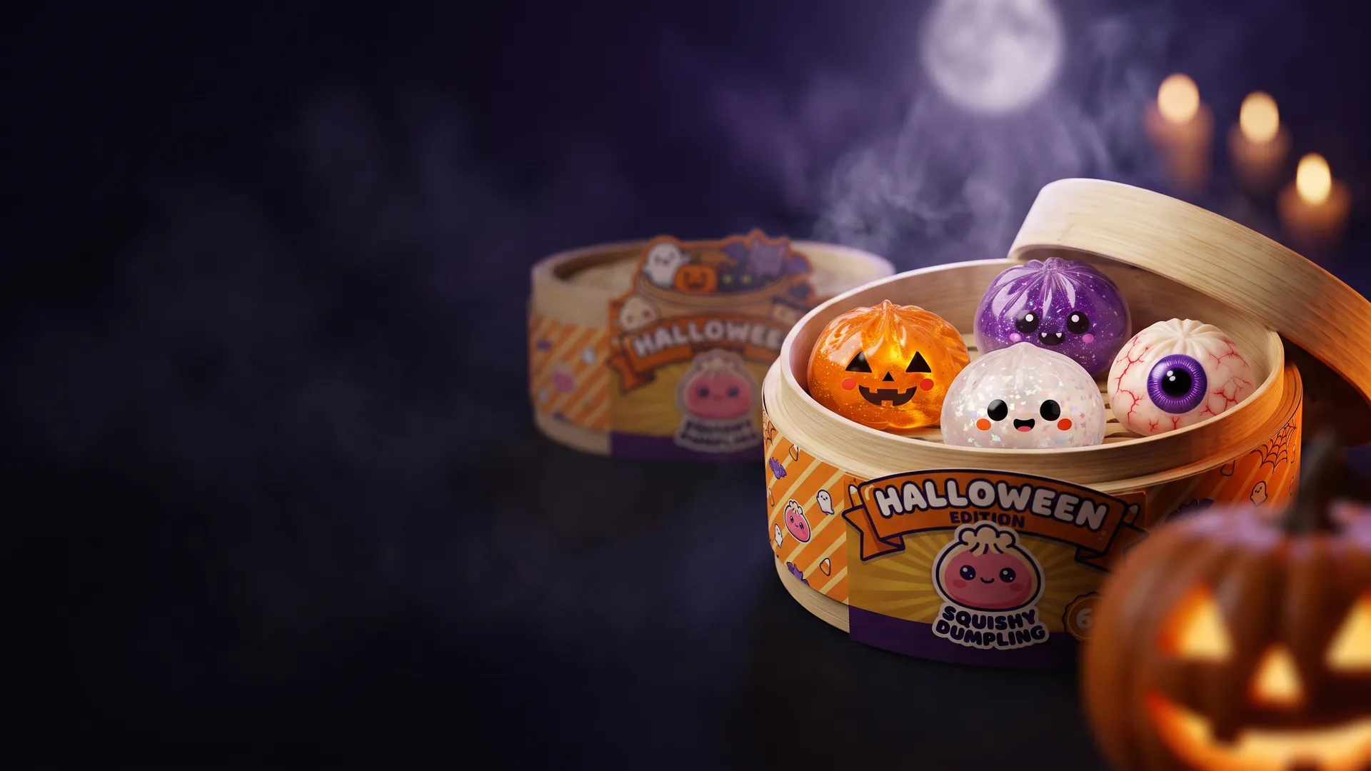 Squishy na Halloween w koszyczkach do gotowania na parze, wśród dyń i świec